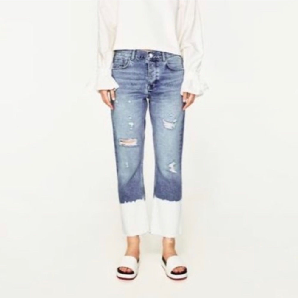 Zara Bleached Jean High Waist Raw Hem Crop Jeans
